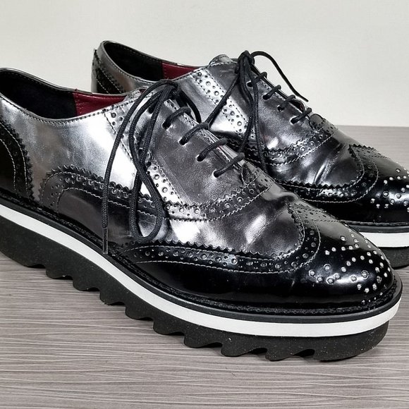 Baciami 9630 Platform Wingtip Oxford Black & Silver Leather Womens Size 8 - Picture 2 of 10